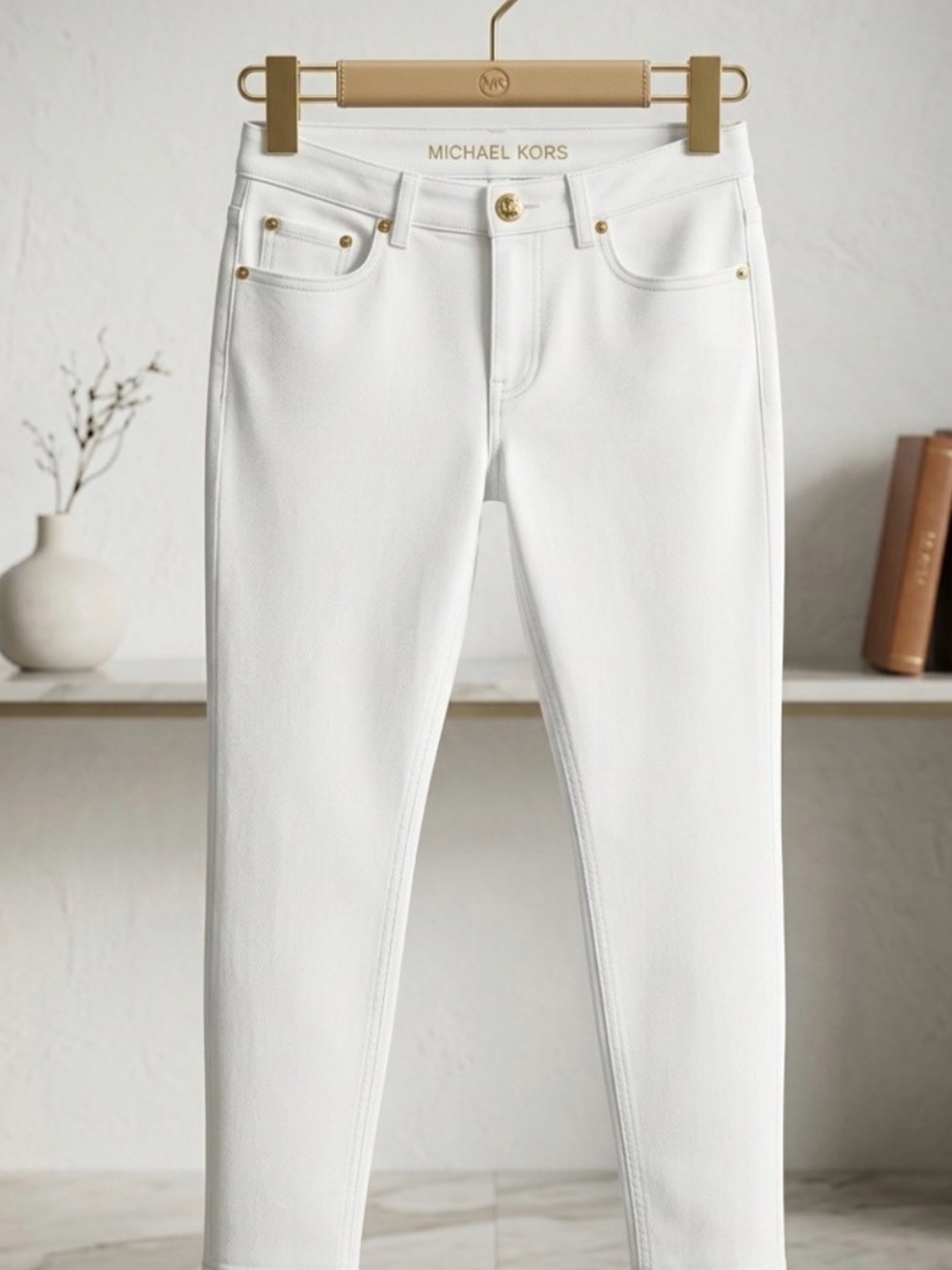 Michael Kors White Ankle Slim Jeans with Gold Accents